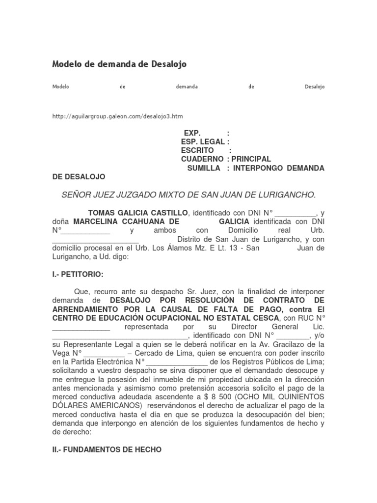 Modelo De Demanda De Desalojo Demanda Judicial Ley Procesal