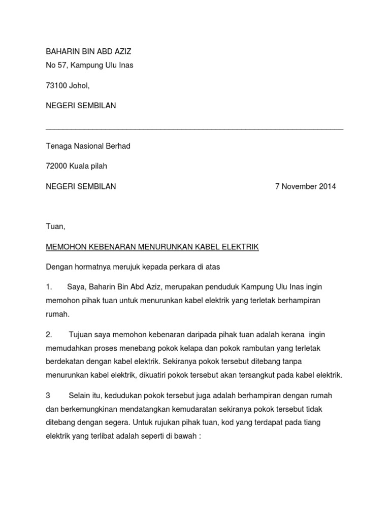 Contoh Surat Rasmi Permohonan Tebang Pokok