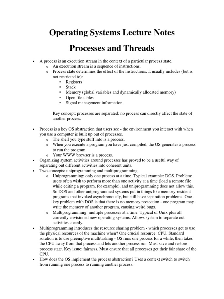 Operating Systems Lecture Notes Processes and Threads | PDF | Process ...