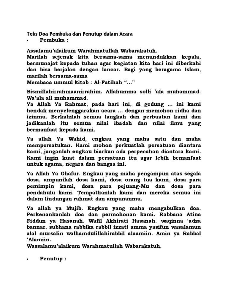 Contoh Naskah Doa Pembukaan Acara Resmi Kumpulan Doa