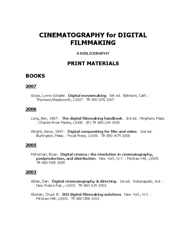 Cinematography For Digital Filmmaking: Print Materials Books | PDF