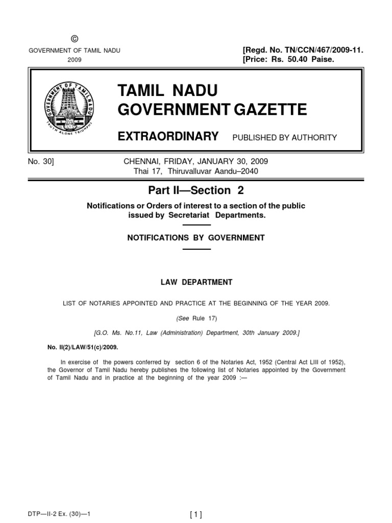 List of Notaries in Tamil Nadu (Jan 2009)