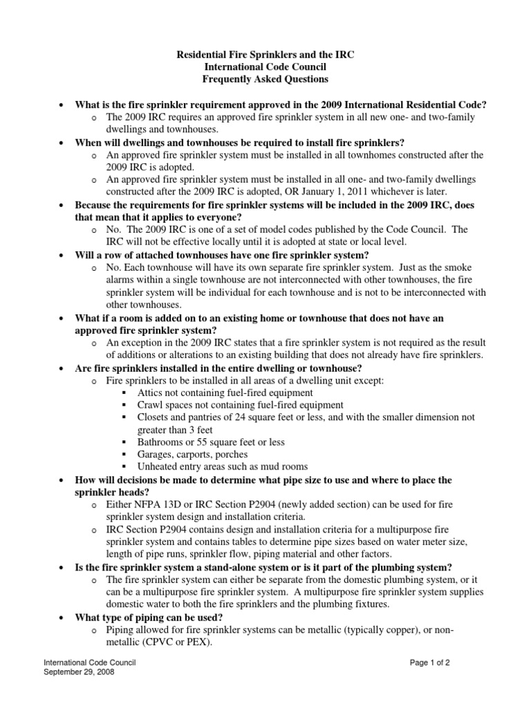 2009 IRC Fire Sprinkler Requirements | PDF | Fire Sprinkler System ...