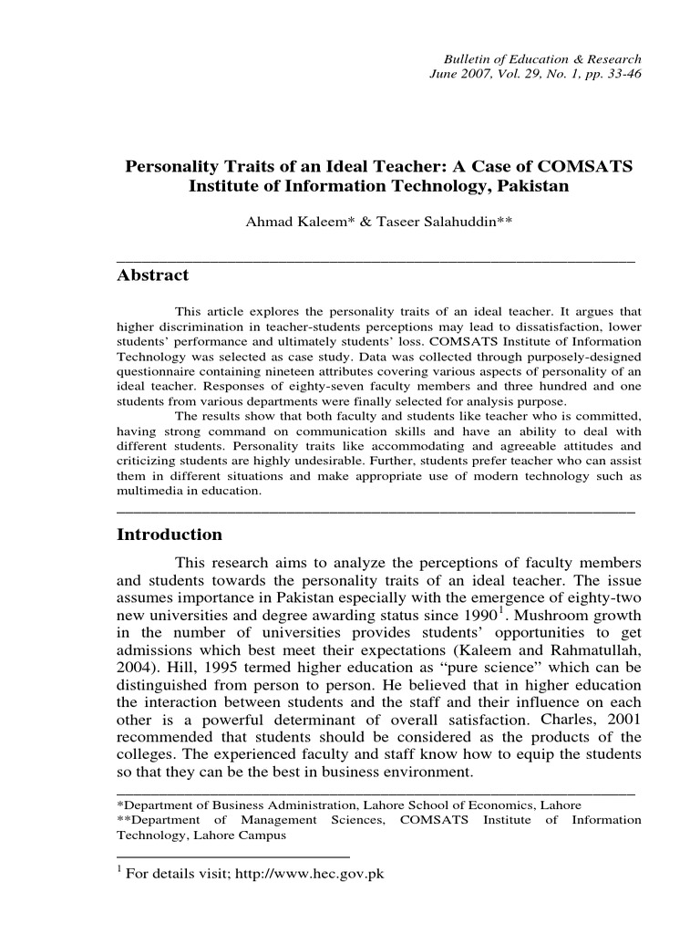 Ideal Teacher Personality Traits in Pakistan | PDF | Teachers ...