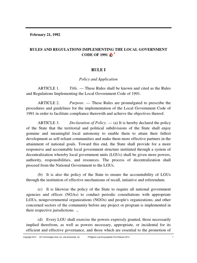 IRR of Local Government Code of 1991, As Amended | Local Government ...