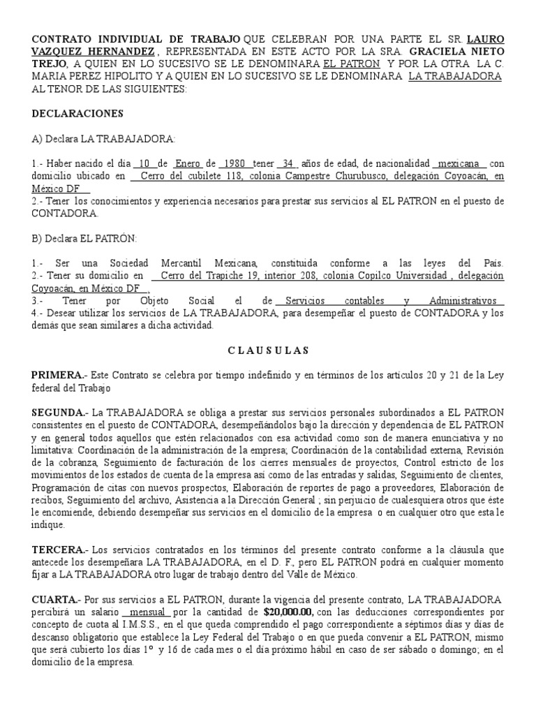 Contrato Individual De Trabajo Ejemplo Pdf Mexico Porn Sex Picture