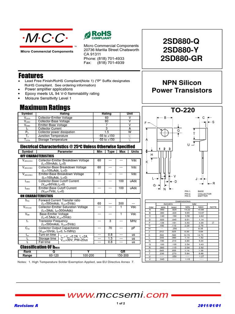 2SD880-Q NPN Power Transistor Specs | PDF | Bipolar Junction Transistor ...