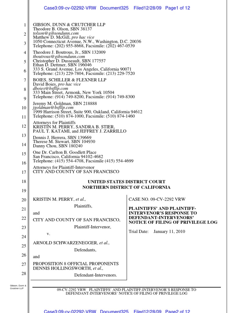 Response to Privilege Log Filing in Prop 8 Case | PDF | Hollingsworth V ...