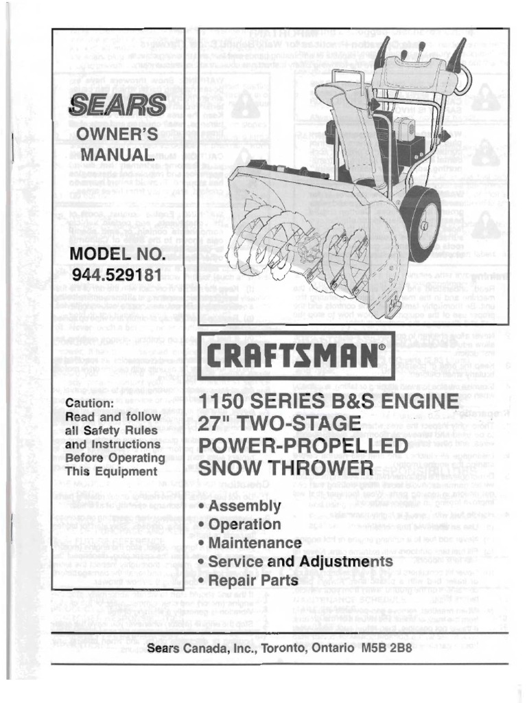 Sears Owners Manual Model No 944.529181 Craftsman 1150 Series BS Engine