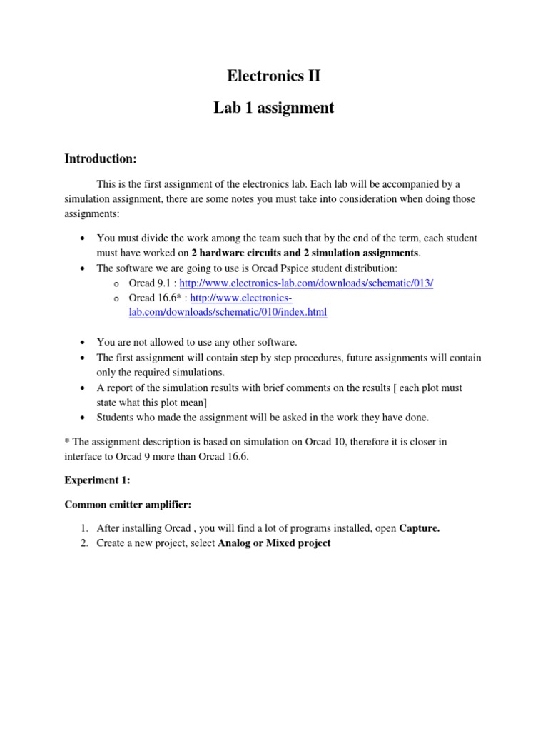 Electronics II Lab 1 Assignment Experiment 1 Common Emitter Amplifier