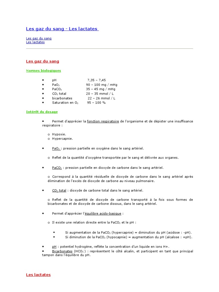 Normes des gaz du sang et lactates PDF — free download