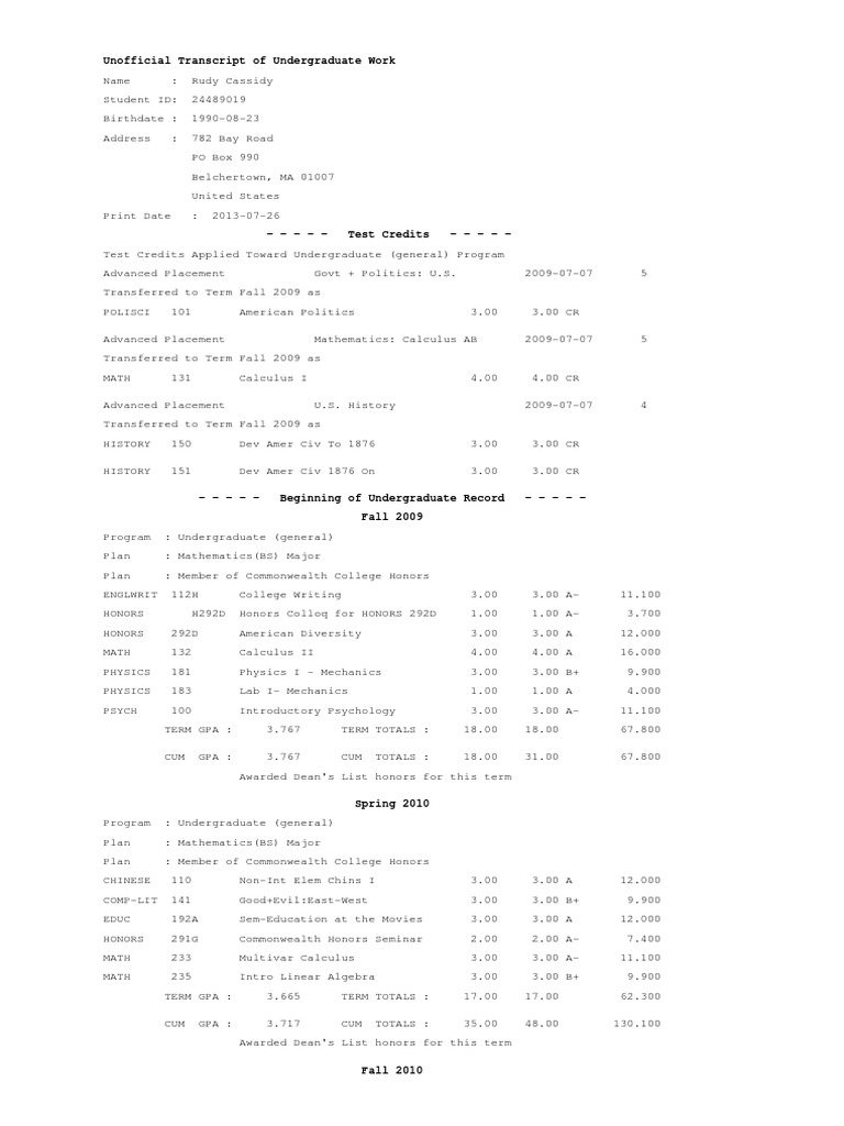 Rudy Cassidy's Undergraduate Transcript | PDF
