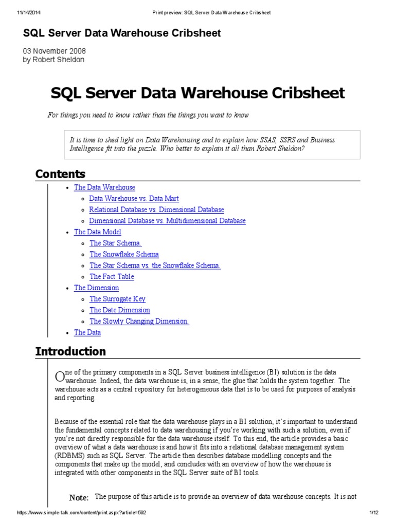 Print Preview Sql Server Data Warehouse Cribsheet Data
