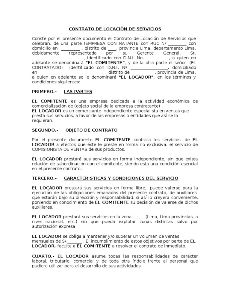 CONTRATO DE LOCACIÓN DE SERVICIOS COMISIONISTA LIBRE