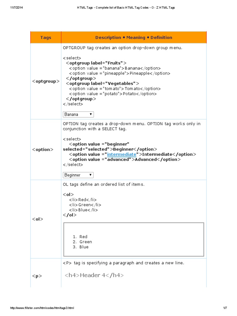 HTML Tags - Complete List of Basic HTML Tag Codes - O - Z HTML Tags ...