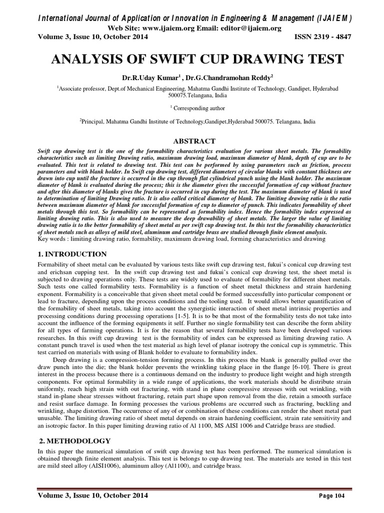 Analysis of Swift Cup Drawing Test PDF Sheet Metal Stress (Mechanics)