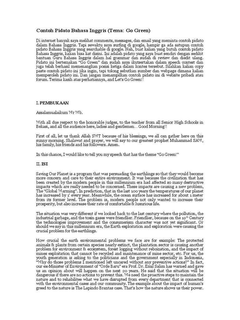 Contoh Pidato Bahasa Inggris Go Green Natural Environment Nature