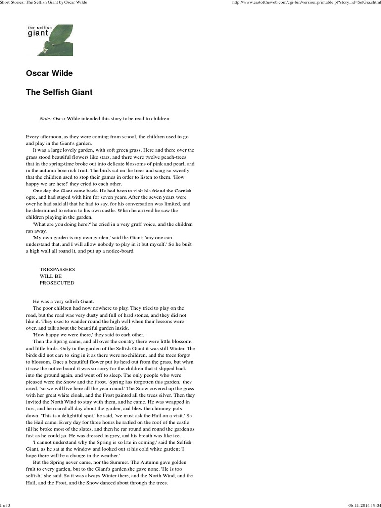 The Selfish Giant - Kids Story | PDF | The Happy Prince And Other Tales