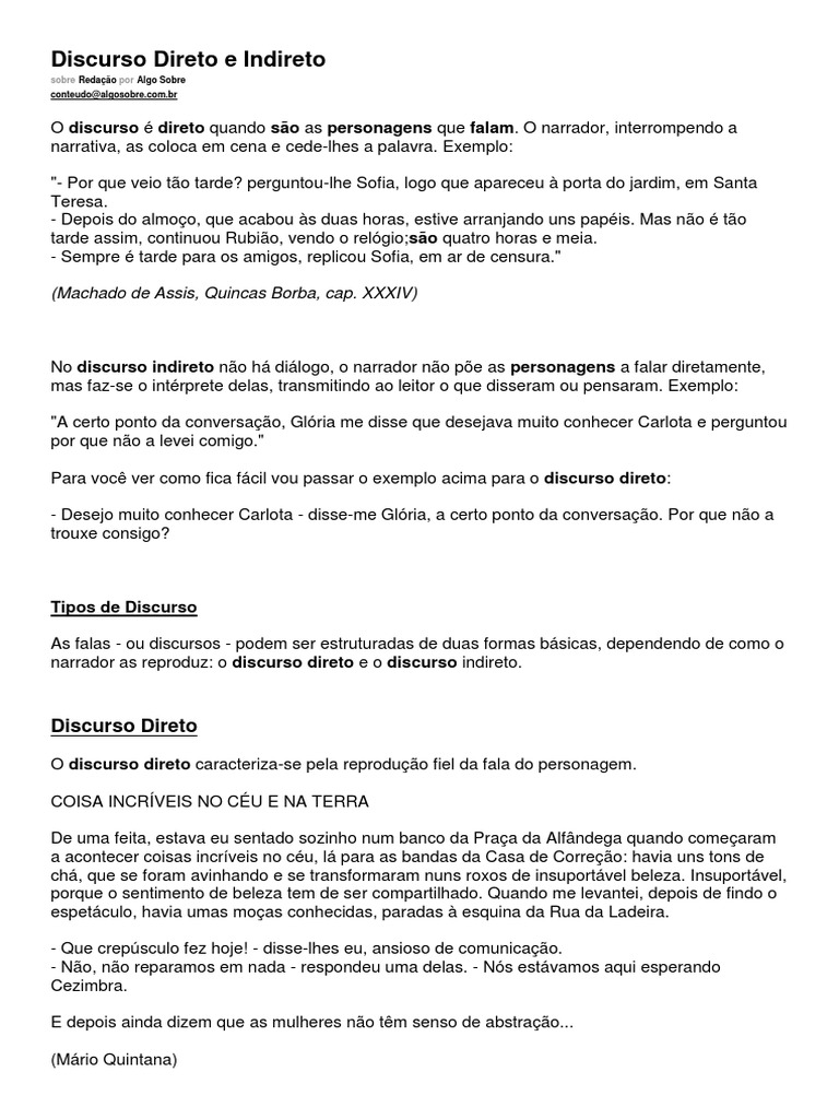 Discurso Direto e Indireto: Exemplos e Tipos | PDF | Discurso | Pronome
