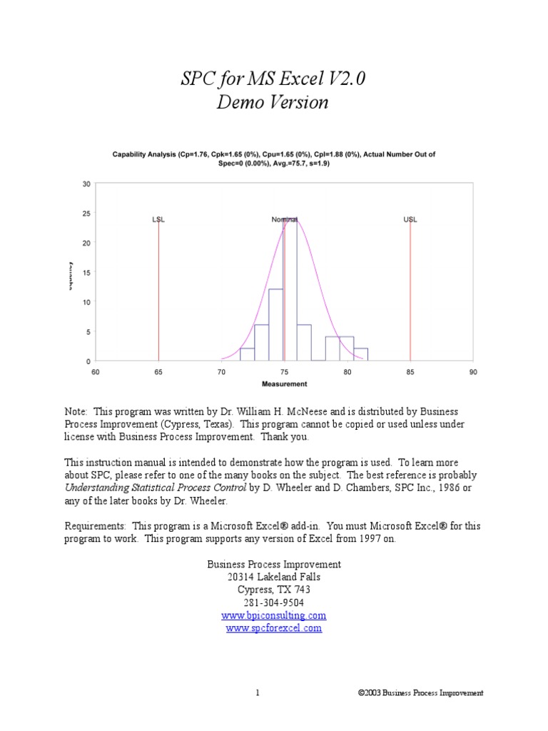 SPC For MS Excel V2.0 Demo Instructions | PDF | Microsoft Excel | Chart
