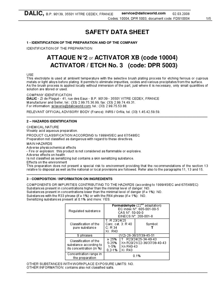 Safety Data Sheet for Attaque N°2 or Activator XB Electrolyte Solution