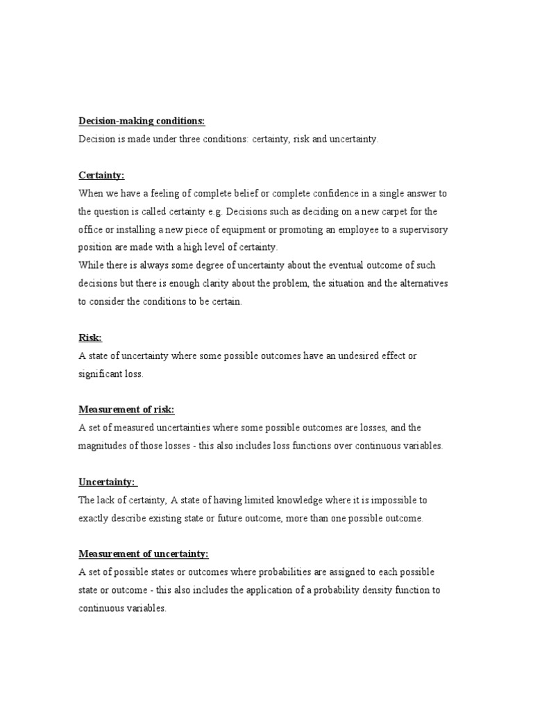 Conditions of Decision Making in Management | PDF | Uncertainty | Risk