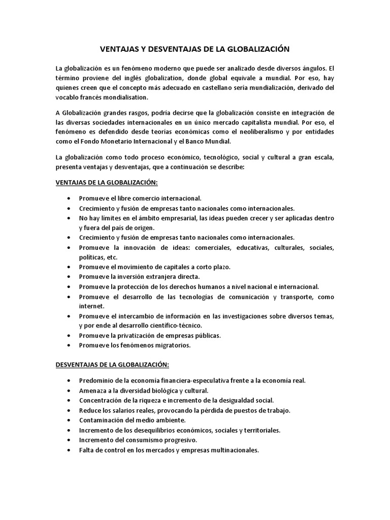 Ventajas y Desventajas de La Globalizacion | PDF