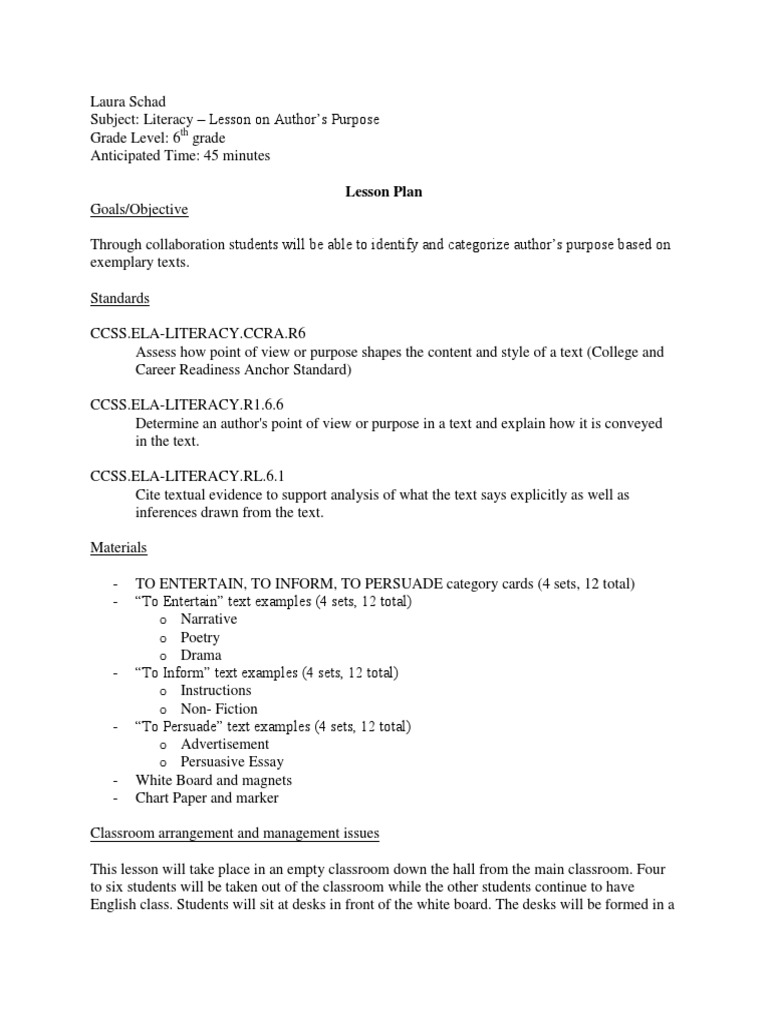 Author's Purpose Lesson Plan for 6th Grade | PDF | Educational ...