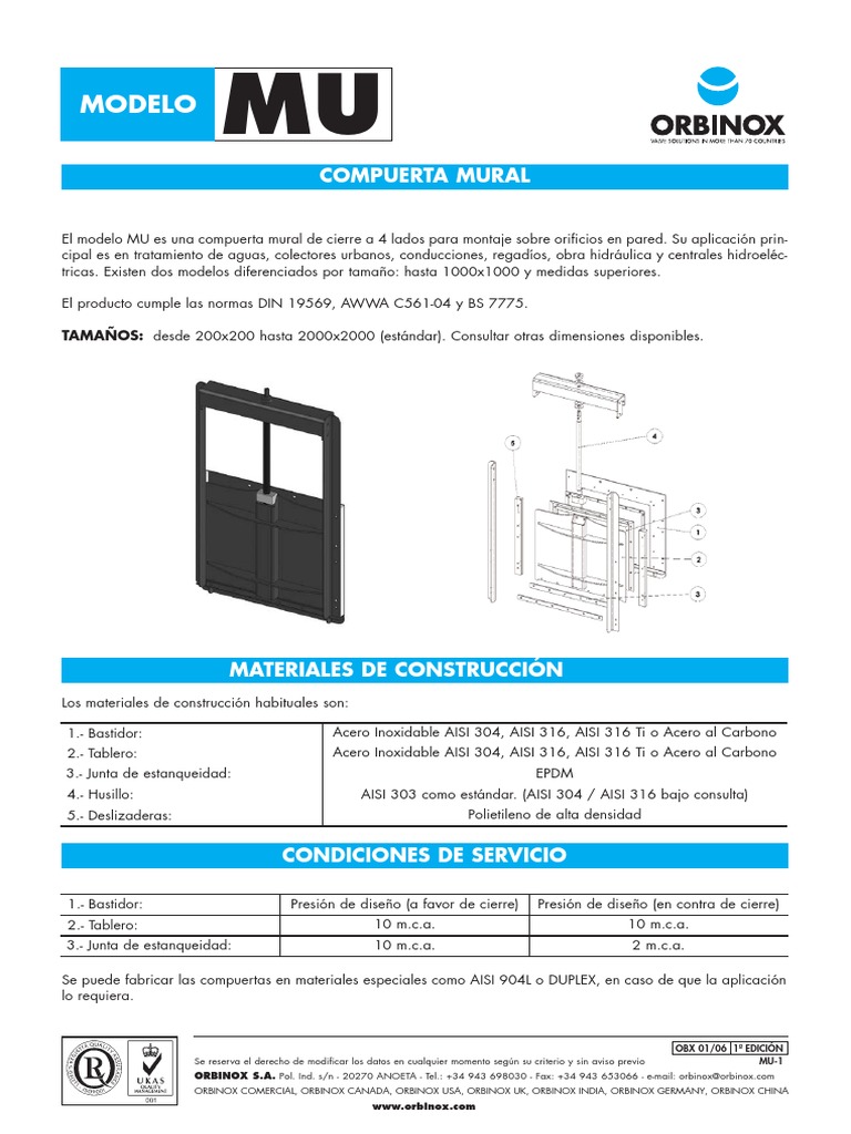 Compuerta Mural ORBINOX MU: Especificaciones | PDF | Acero | Neumático