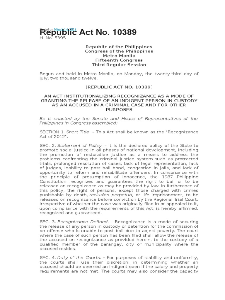 Recognizance Act of 2012 (Ra 10389) | PDF | Bail | Crime & Violence 