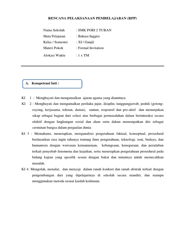 RPP SMK Bahasa Inggris Kelas XI kurikulum 2013