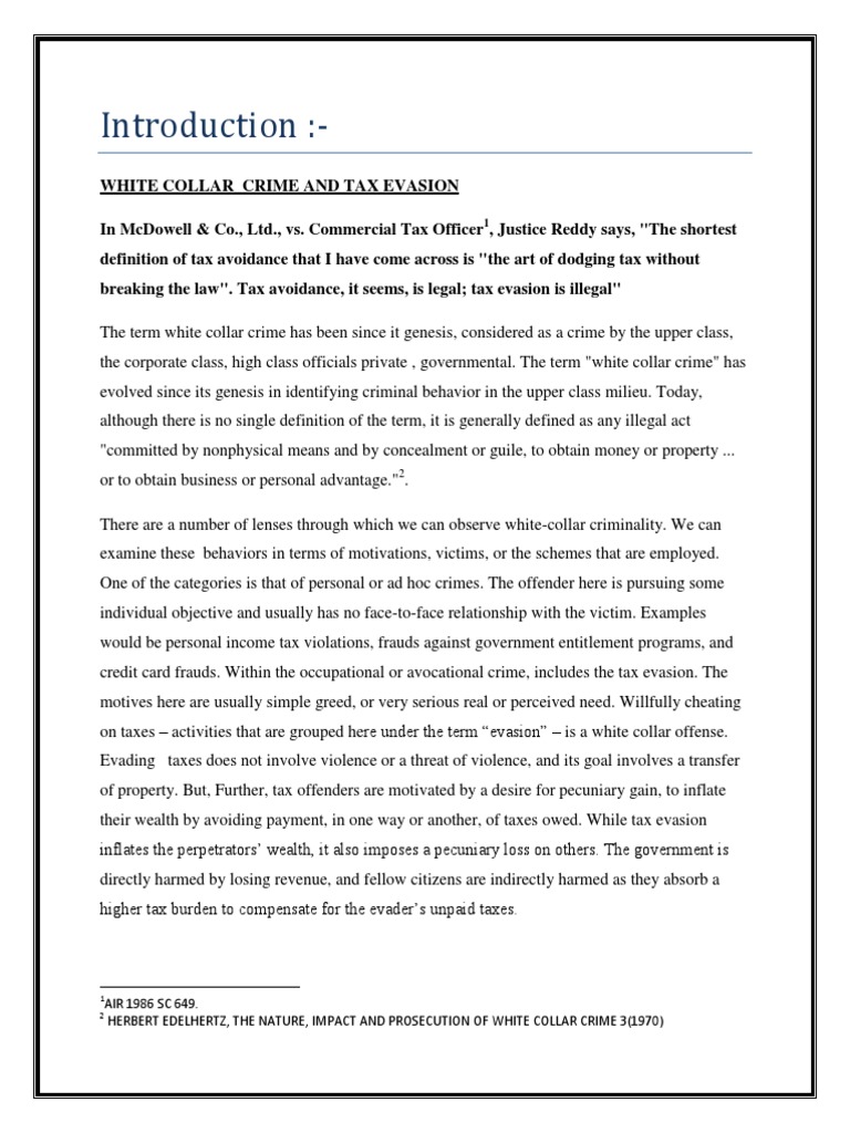 Tax Evasion As White Collar Crime Draft 9 Sem PDF Tax Evasion Tax Avoidance