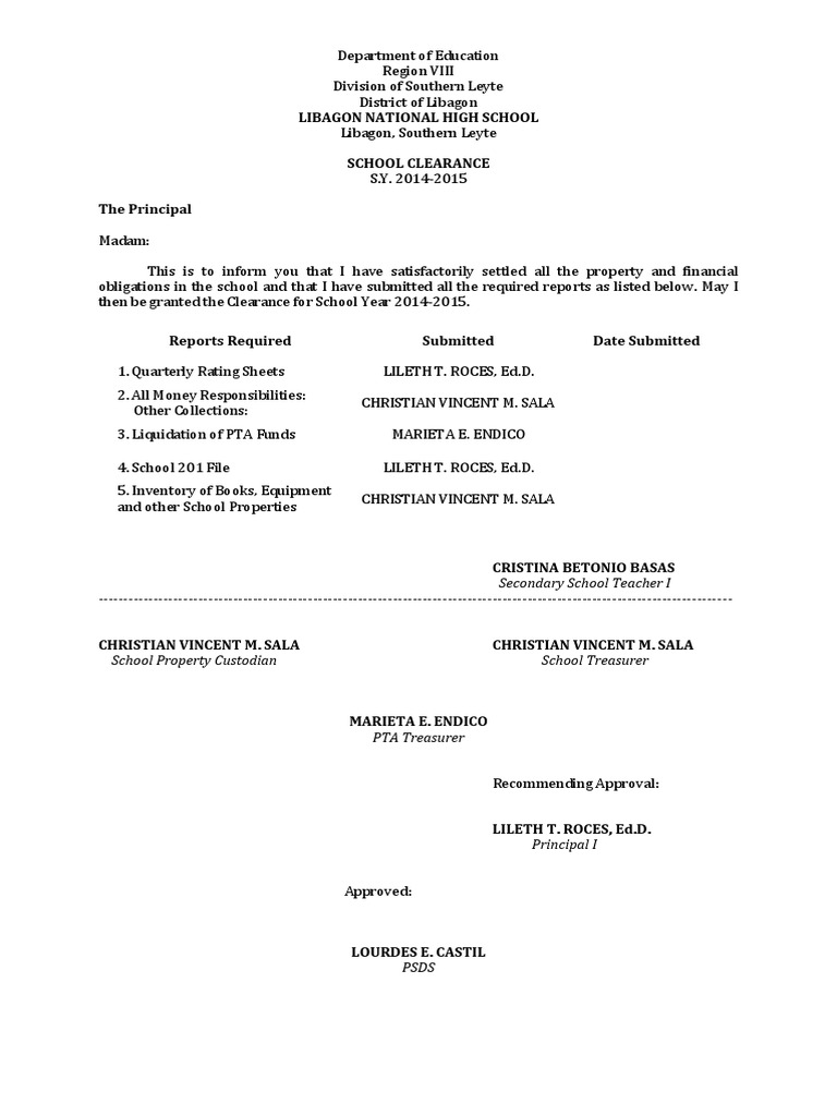 School Clearance FOR TEACHERS