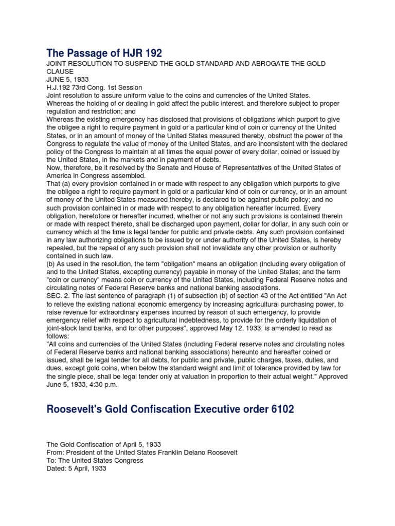 The Passage of HJR 192.pdf | Legal Tender | Gold Certificate
