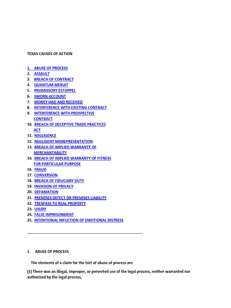 Texas Causes of Action PDF Tortious Interference Negligence