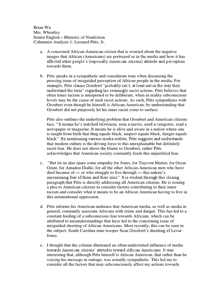 Leonard Pitts, Jr. Columnist Analysis 1 PDF Racism Discrimination