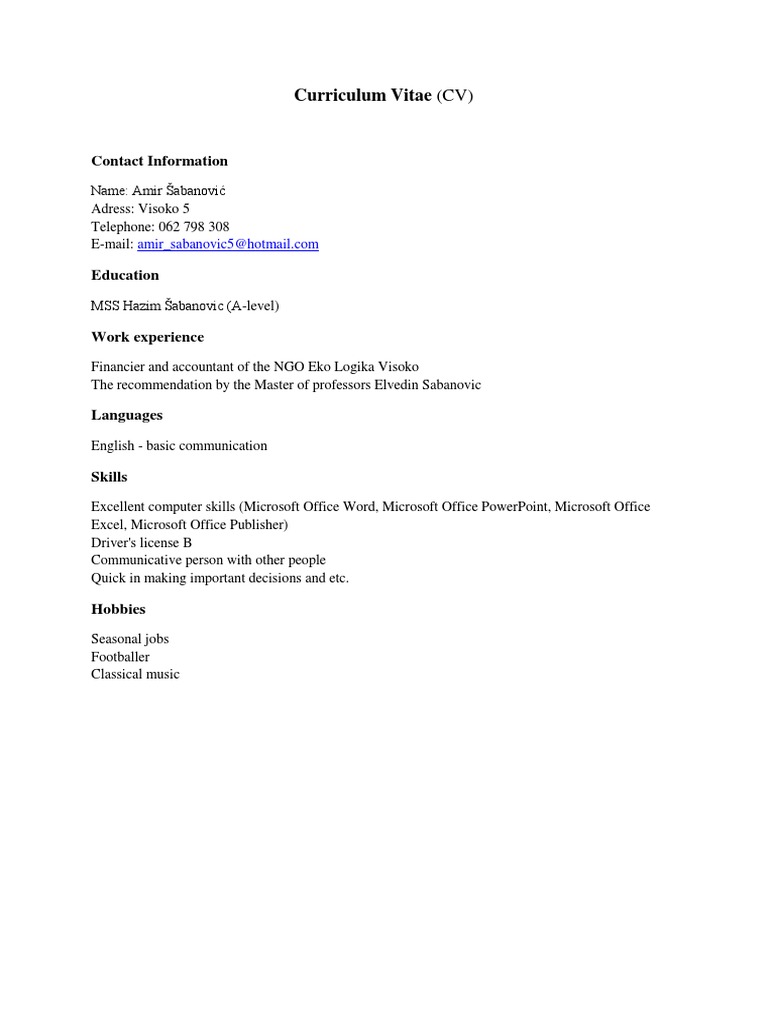 CV Na Engleskom | PDF | Microsoft Office | Microsoft