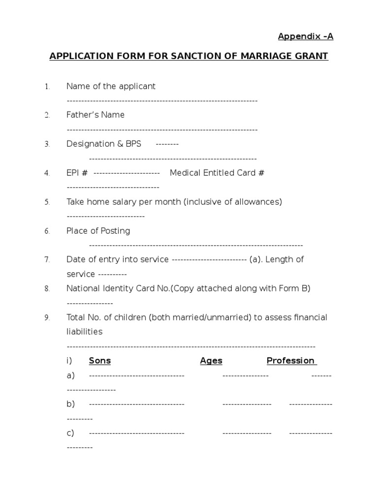 Application Form For Sanction of Marriage Grant: Appendix - A 