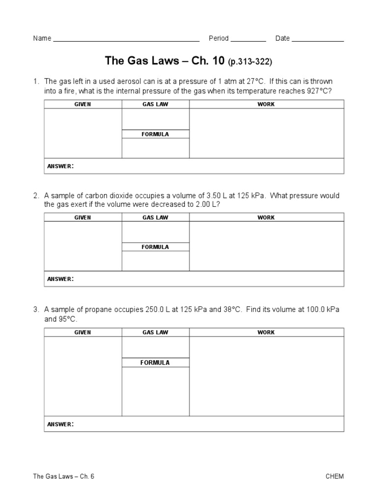 Gas Laws Practice Problems Worksheet | PDF | Gases | Pressure