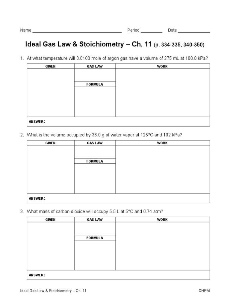 Worksheet Ideal Gas Law and Stoichiometry | PDF