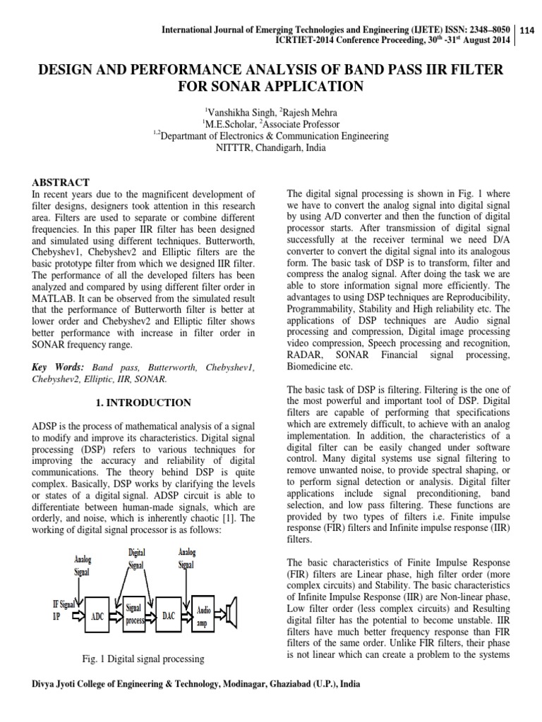Design and Performance Analysis of Band Pass Iir Filter For Sonar ...