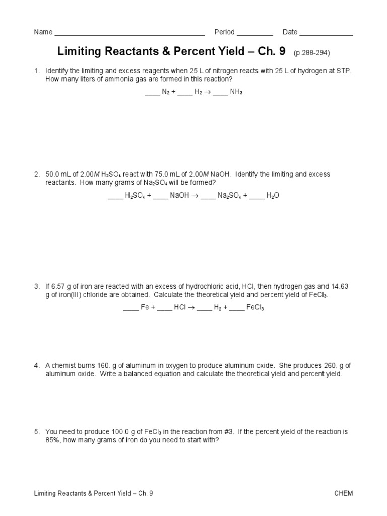 Worksheet Limiting Reactant and Percentage Yield