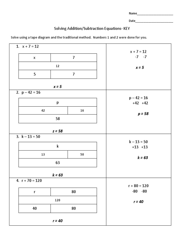 Addition and Subtraction Equations Key | PDF | Algebra | Teaching ...