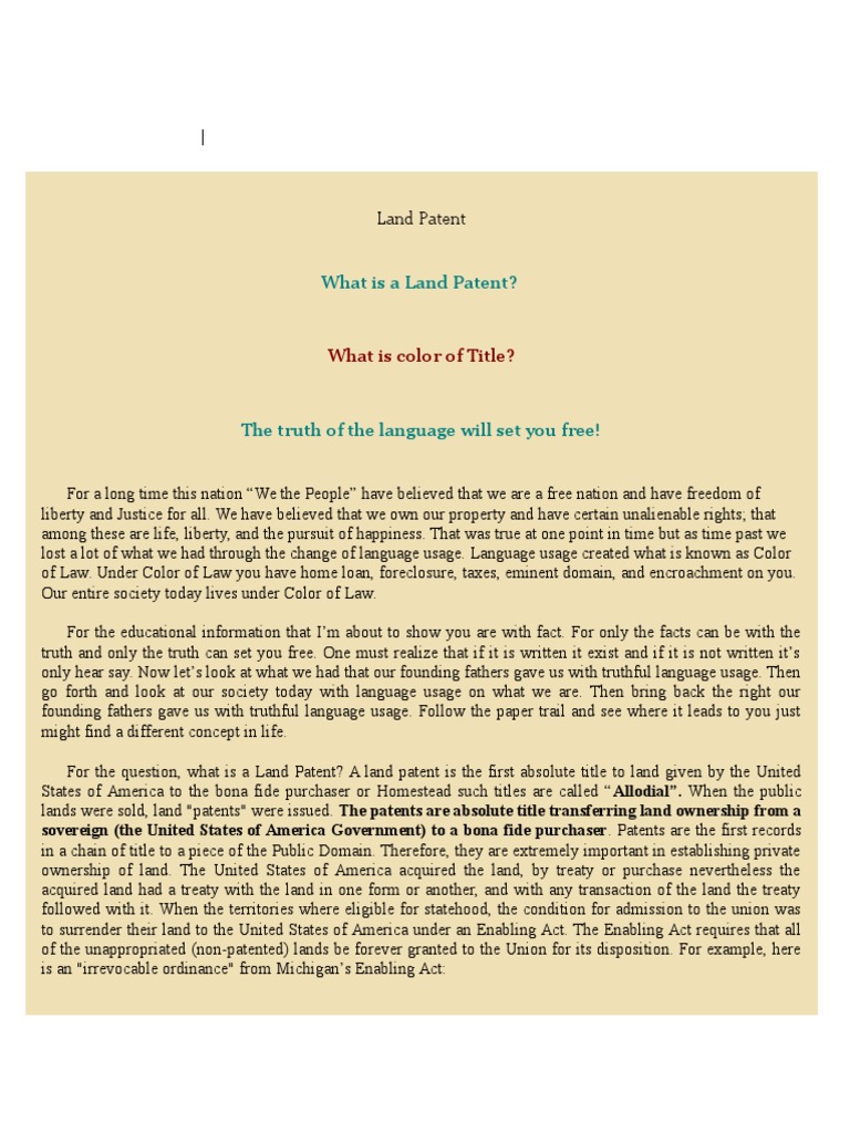 Land Patent Explained United States Constitution Property Law