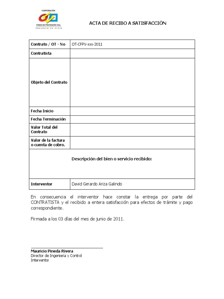 Formato Acta de Recibo A Satisfacción