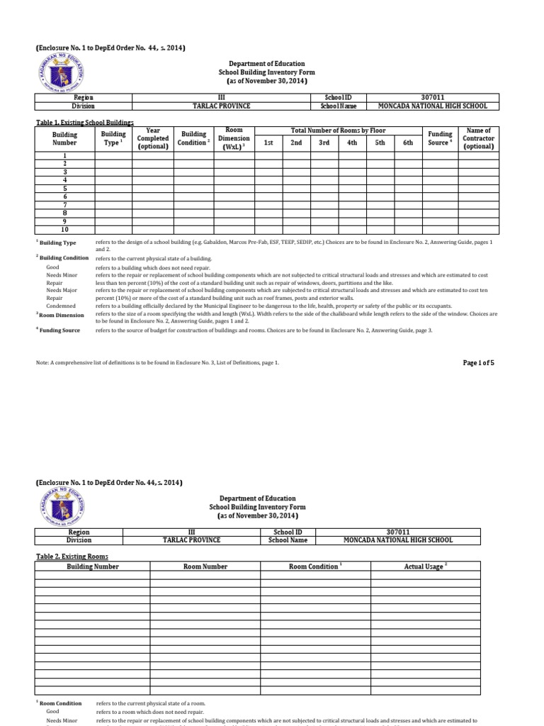National School Building Inventory Forms Building PublicPrivate
