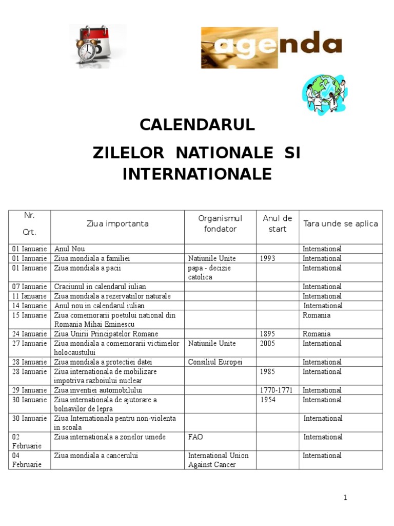 Calendarul Zilelor Nationale Si Internationale PDF