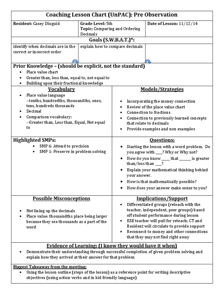 5th Grade Decimal Comparison Lesson Plan | PDF