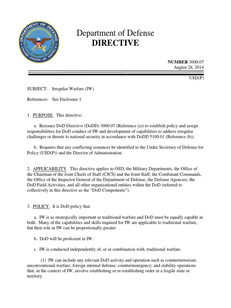 DOD Directive Number 3000.07 Irregular Warfare 2014 United States