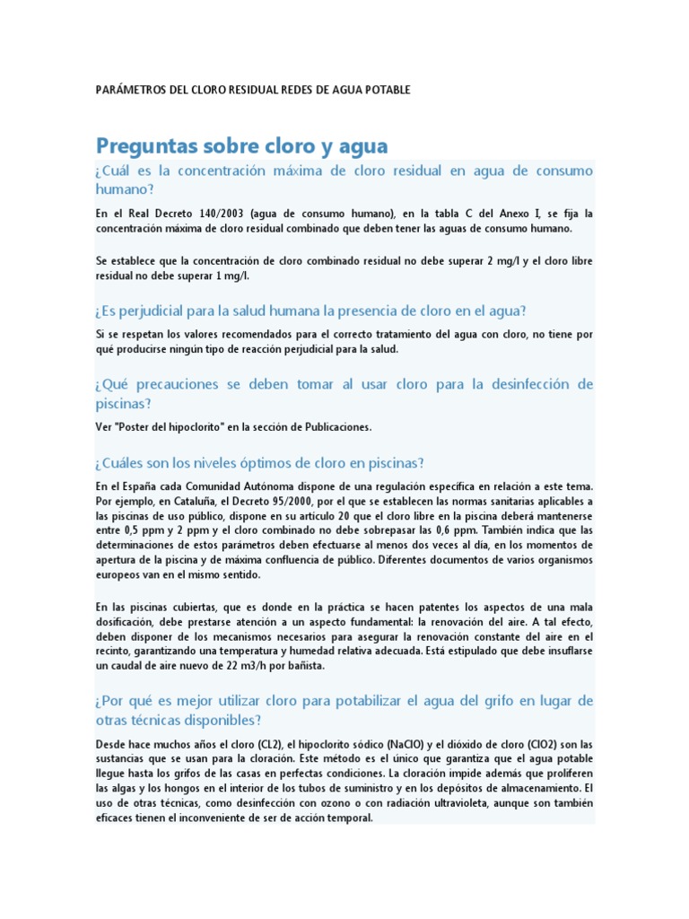 Parámetros Del Cloro Residual Redes de Agua Potable Cloro Agua potable